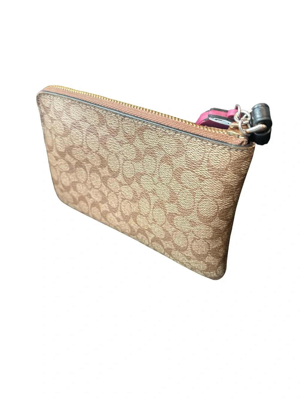 Coach Tan Signature Canvas Wristlet with Black Center Stripe
